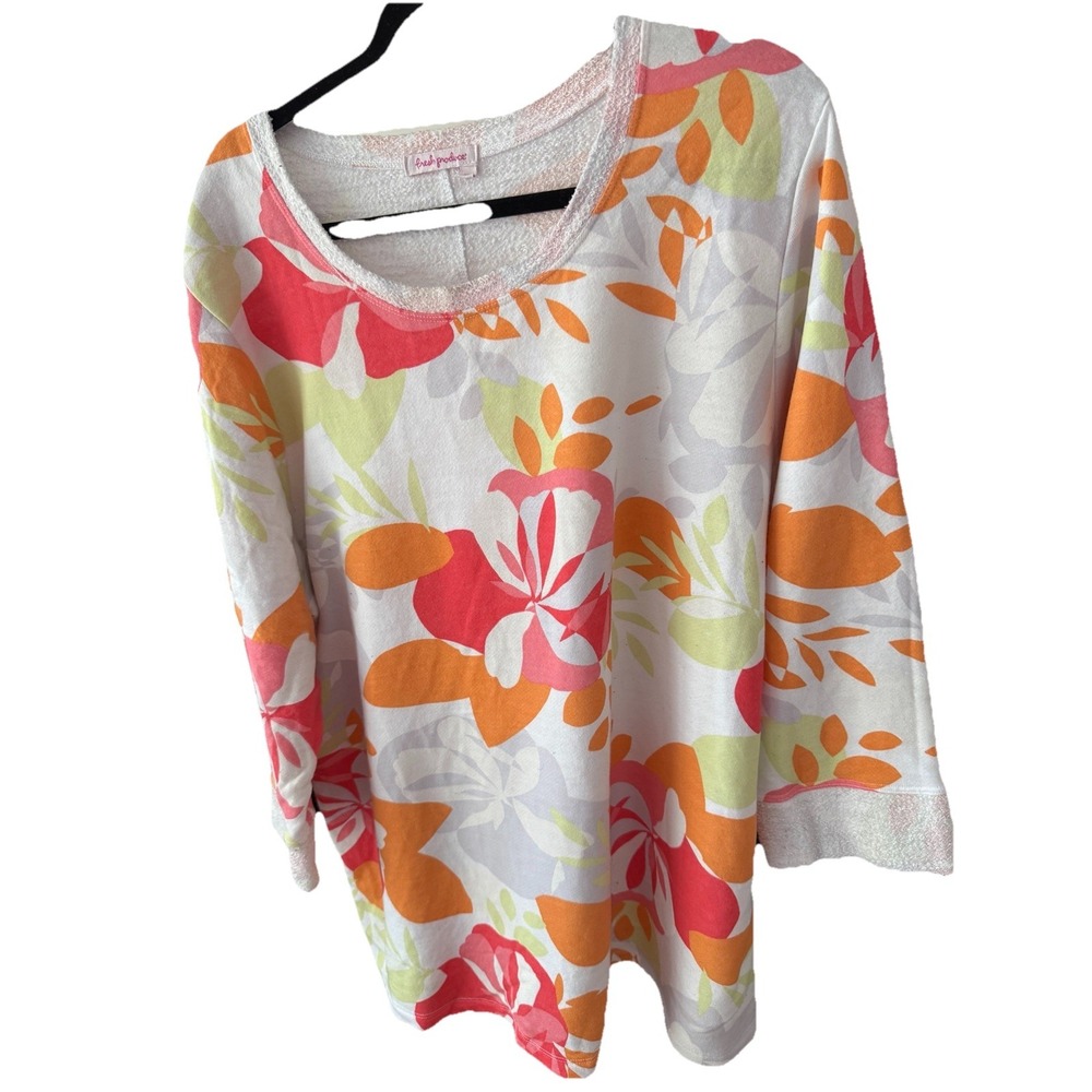 Fresh Produce Women's Coral Pink Floral Sweatshirt Size Cotton Terry Cloth 2XL